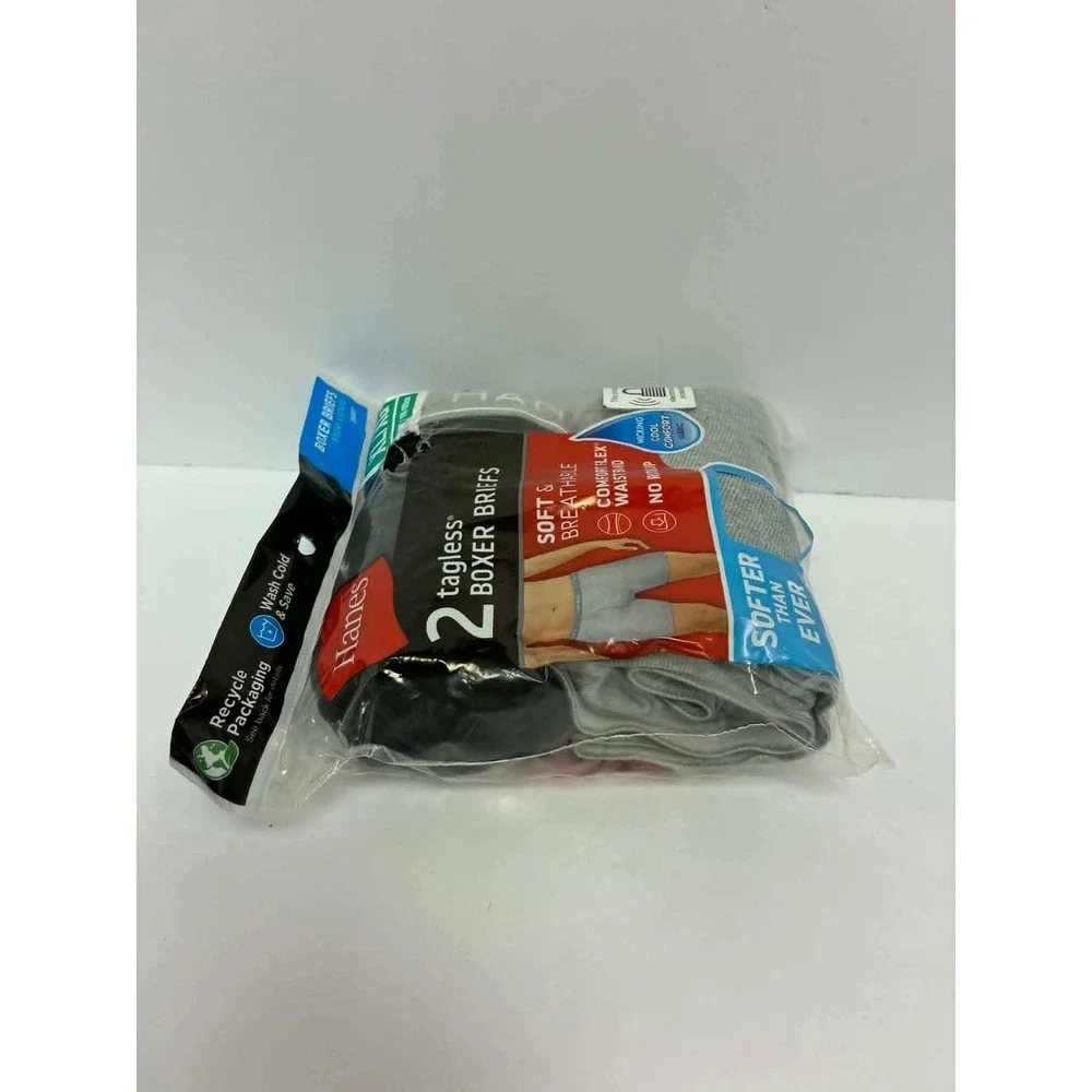 Hanes Mens 2 Tagless Boxer Briefs XL Black Gray Comfort Flex 2349VT